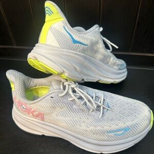 Hoka Light Gray and Neon Yellow Running Shoes